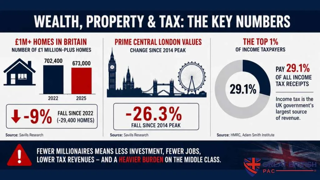 Infographic: £1m+ homes in Britain down 9% since 2022 (to 673,000), prime central London values down 26.3% since the 2014 peak, and the top 1% of income taxpayers paying 29.1% of all income tax.
