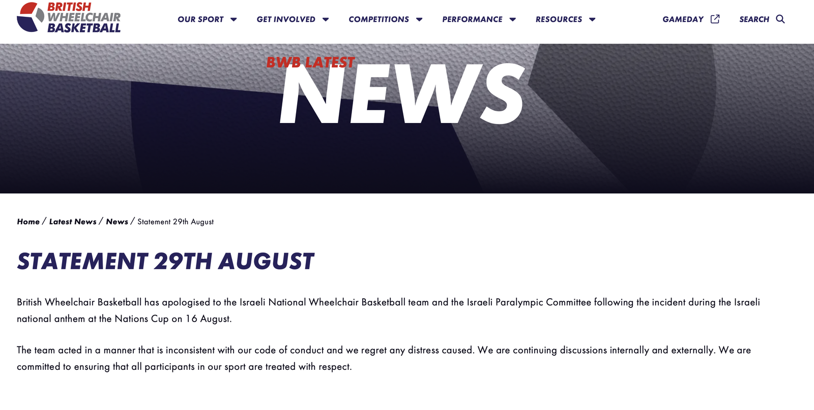 Screenshot of the British Wheelchair Basketball apology statement