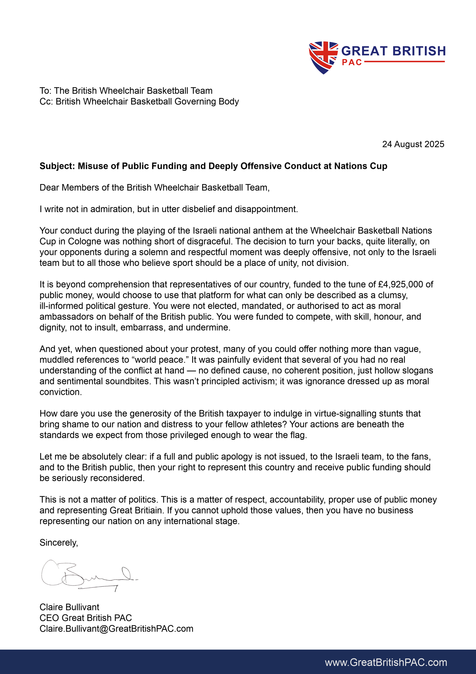 Letter from the Great British PAC to British Wheelchair Basketball