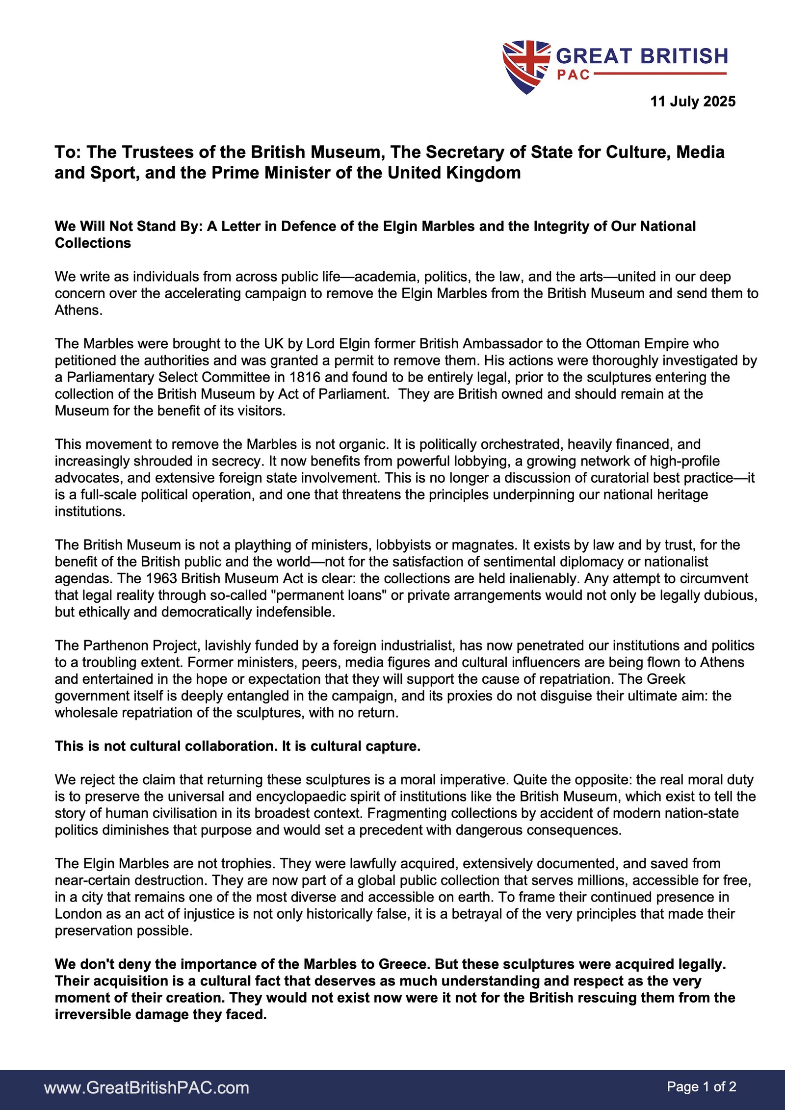 First page of the cross-party letter to the British Museum