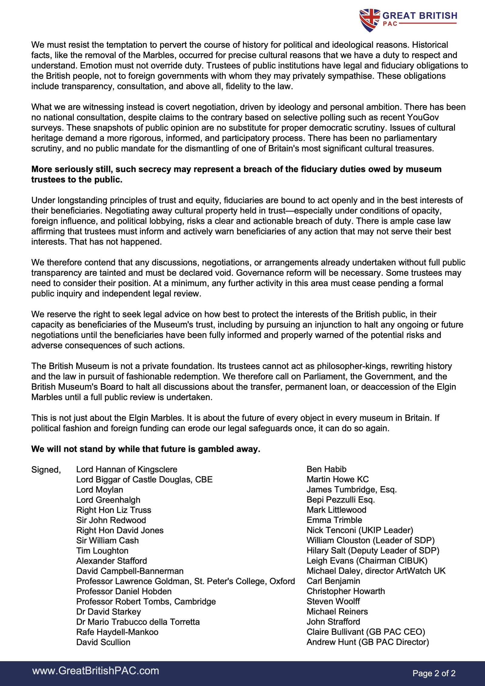 Second page of the cross-party letter to the British Museum