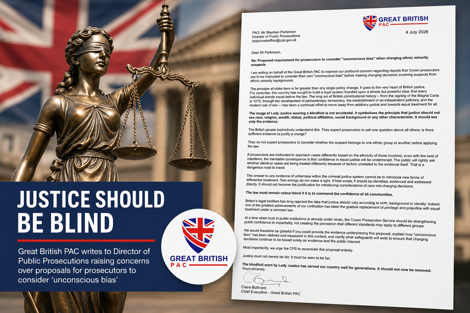 Keep Justice Blind: Great British PAC Challenges CPS "Unconscious Bias" Plan
