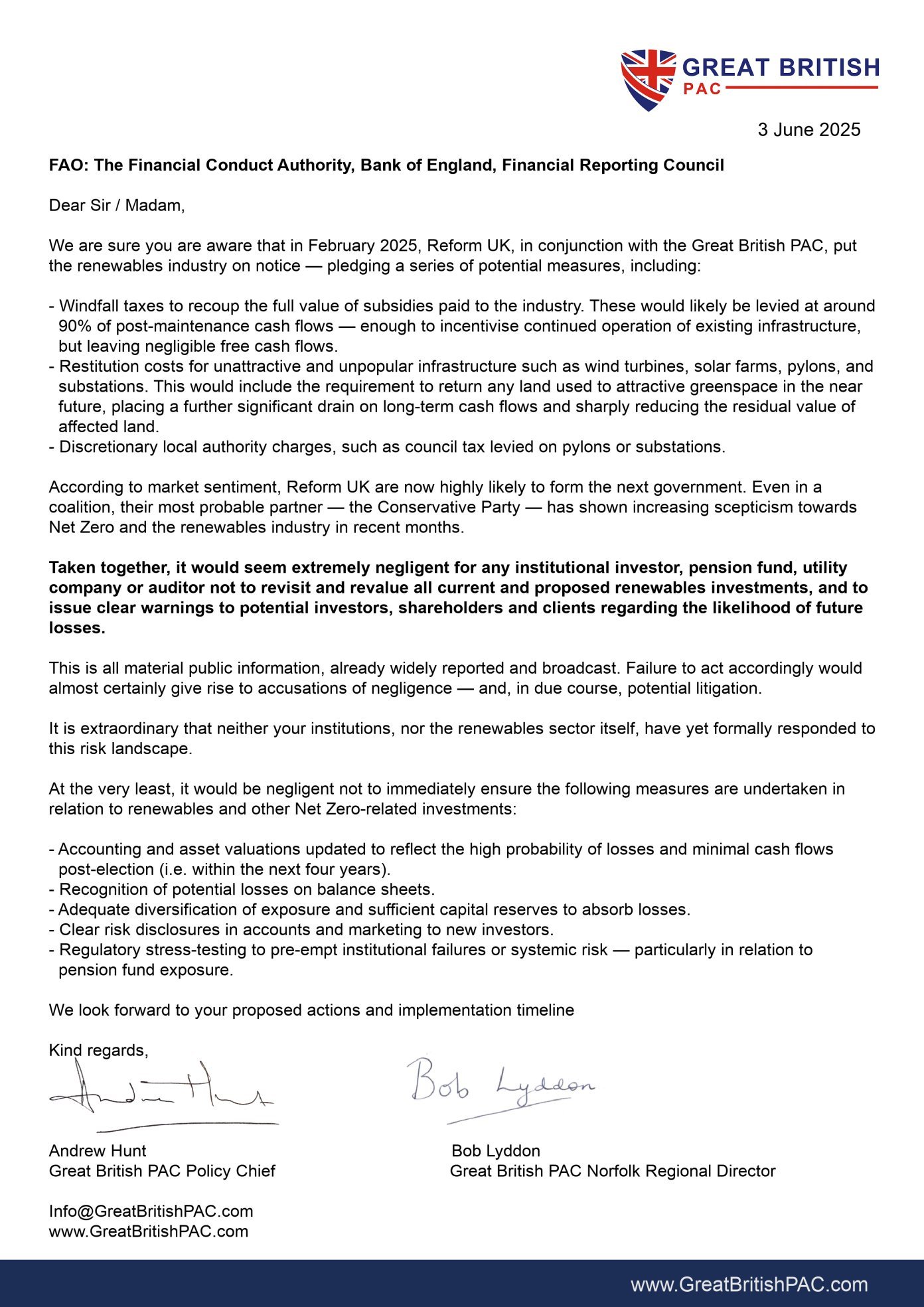 Great British PAC On Notice warning to the green energy industry