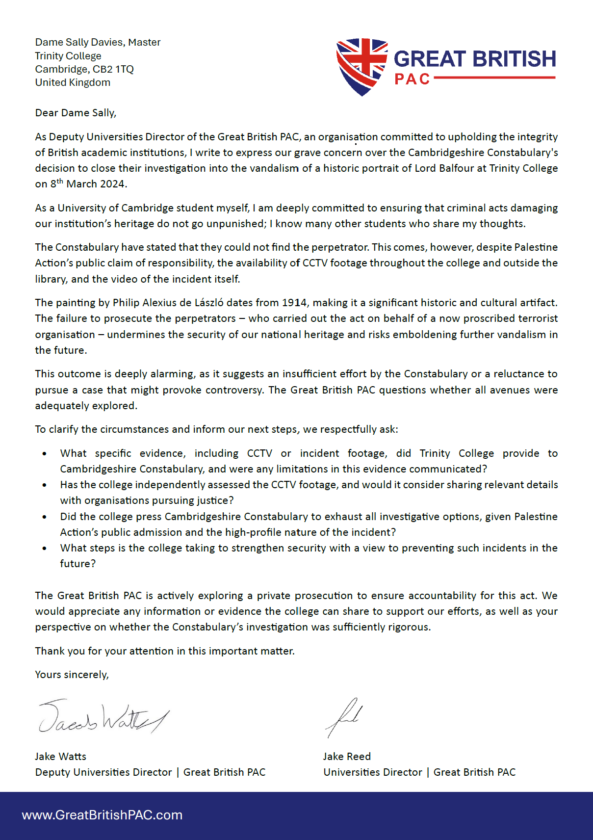 Screenshot of the Great British PAC letter to Trinity College