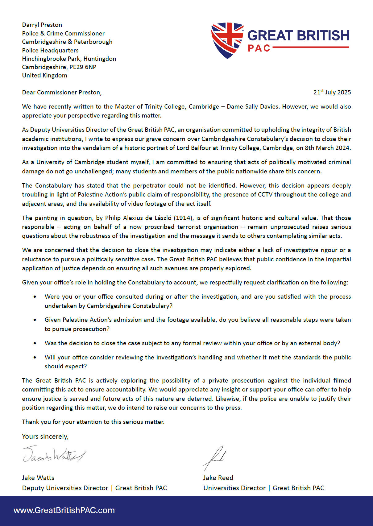 Lord Balfour portrait and the Great British PAC campaign