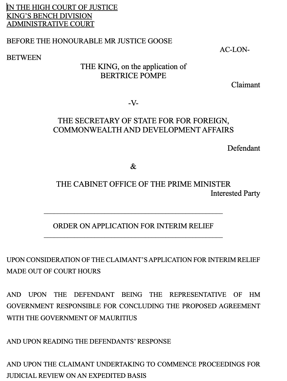 Screenshot relating to the High Court Chagos treaty ruling
