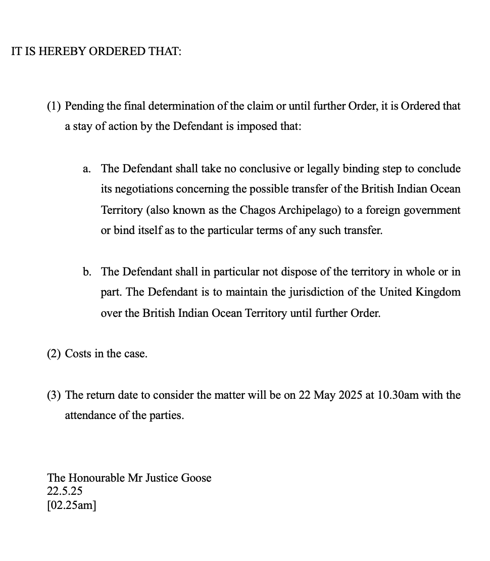 Screenshot relating to the High Court Chagos treaty ruling