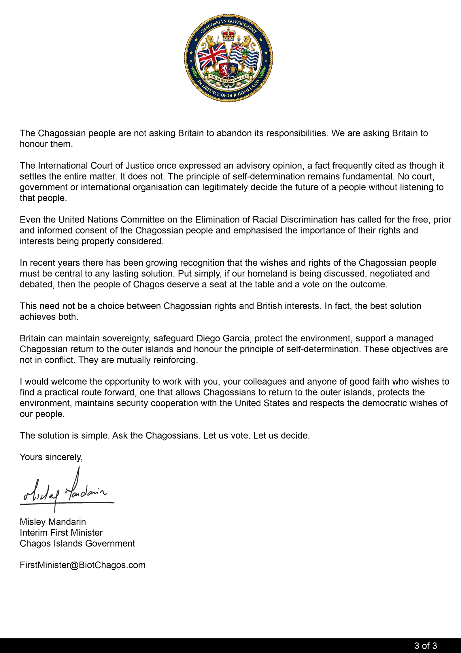 Final page of Misley Mandarin's letter to Andy Burnham, page three