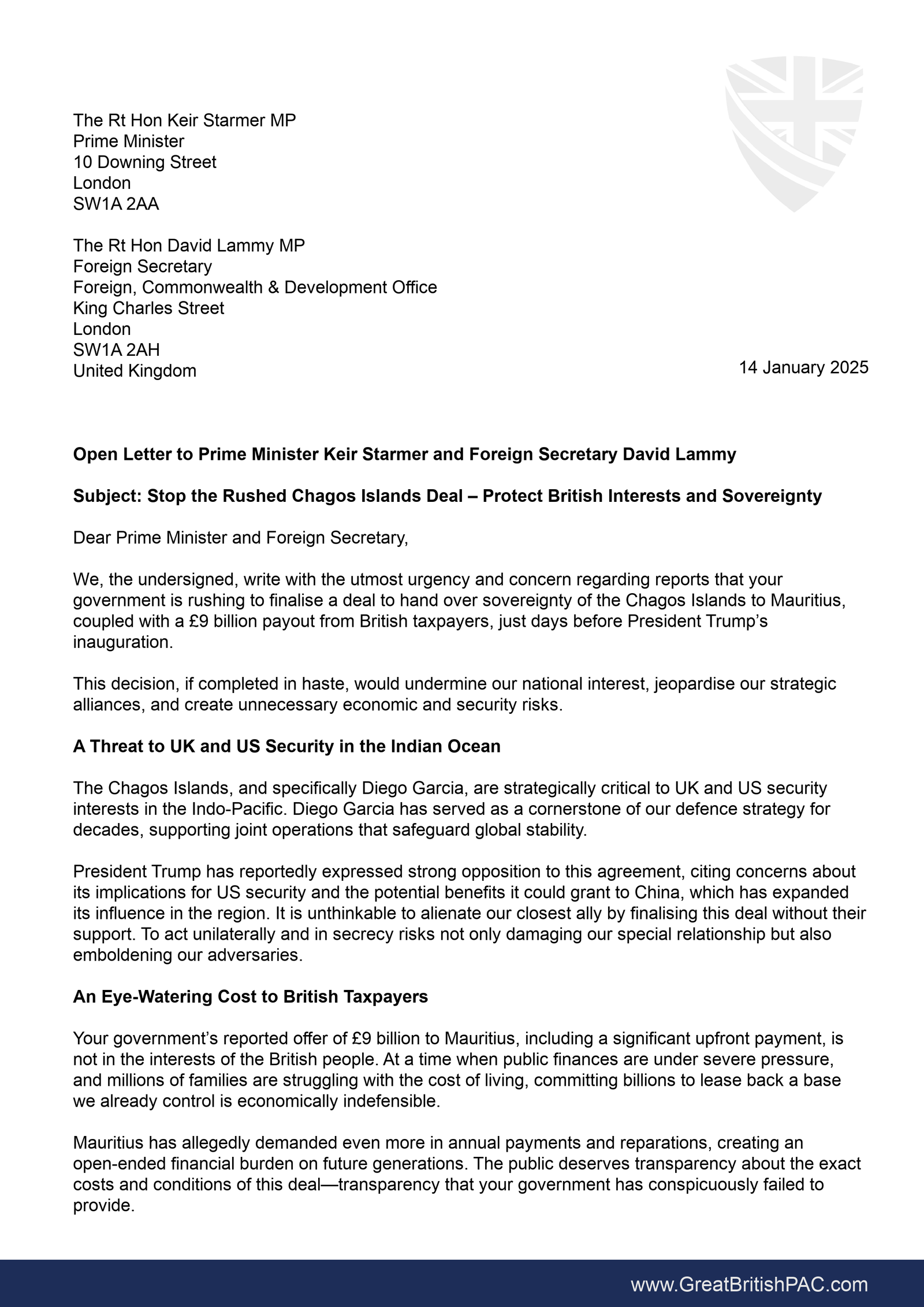 Document relating to the Chagos Islands open letter