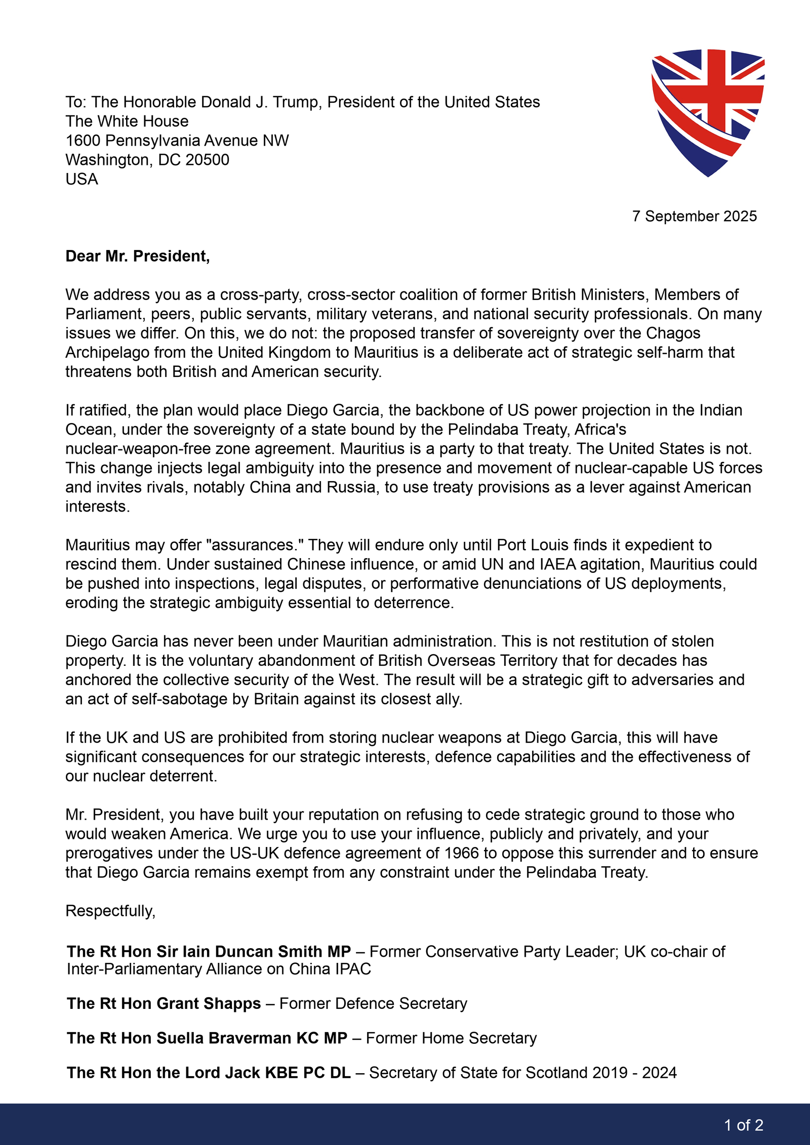 Great British PAC letter to President Trump on the Chagos deal