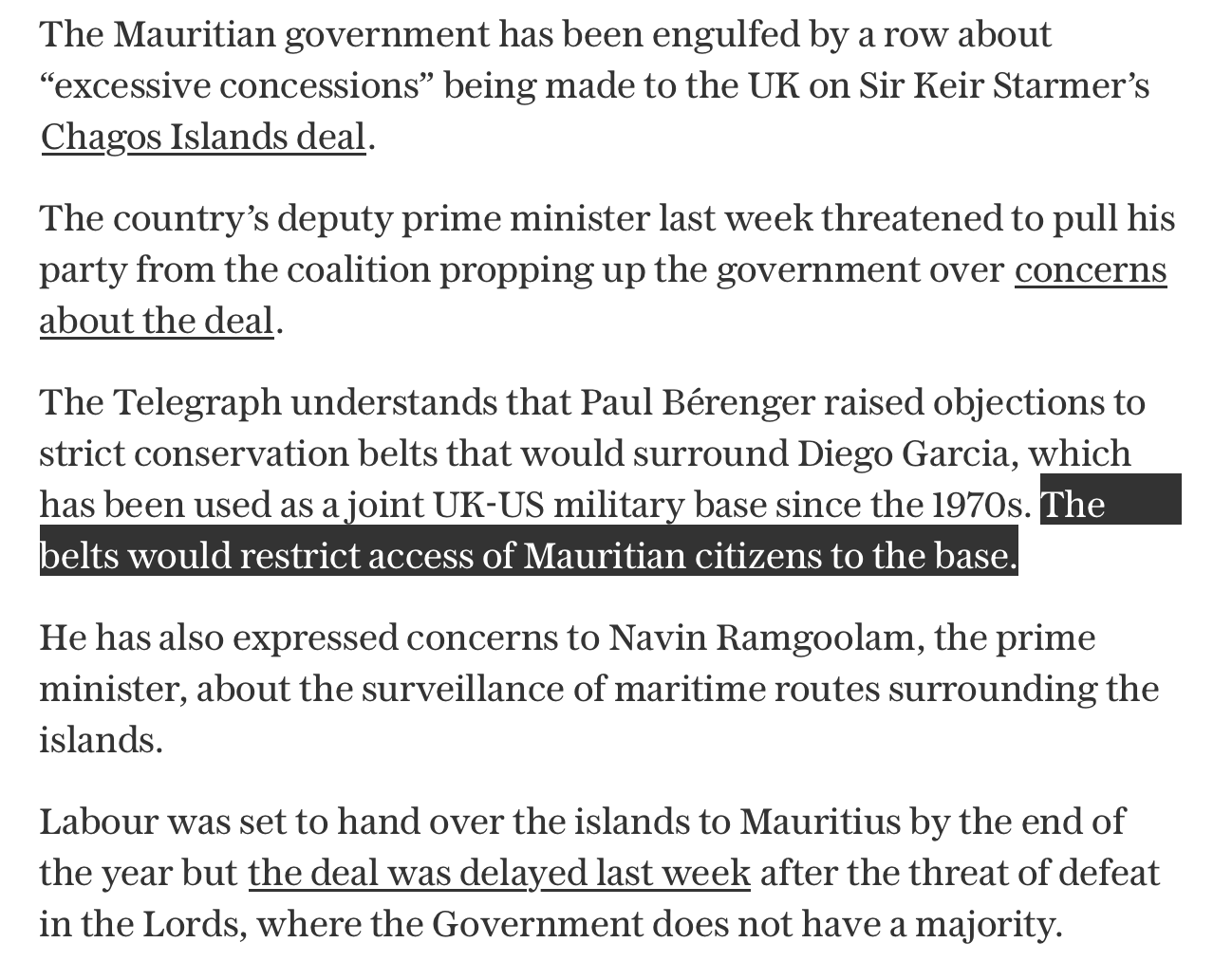 Screenshot relating to the Mauritius Chagos coalition dispute