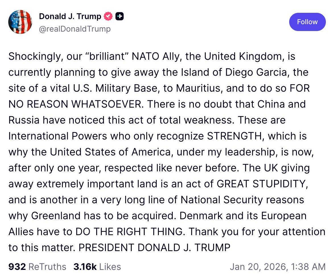 Donald Trump speaking on the Chagos and Greenland disputes