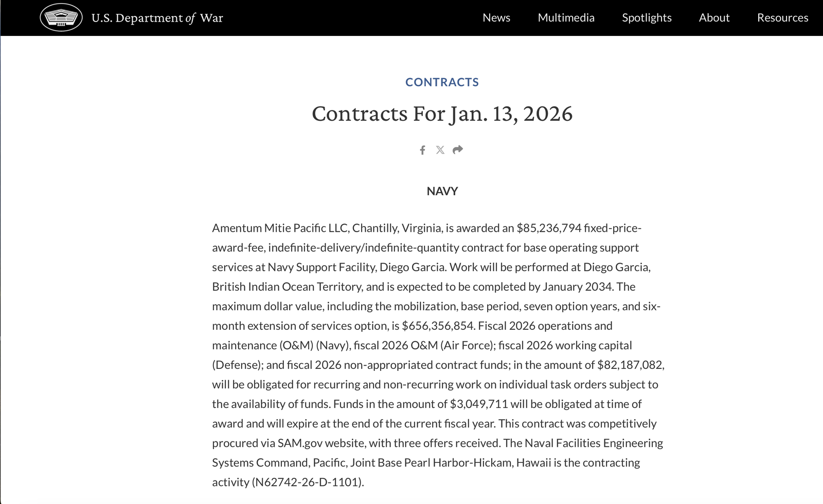 US Department of Defense contract award for Diego Garcia base support